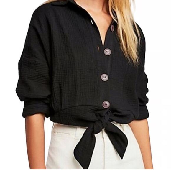 Free People Sunstreaks Tie Front Button Down Long Sleeve Blouse Size Medium - Picture 11 of 11